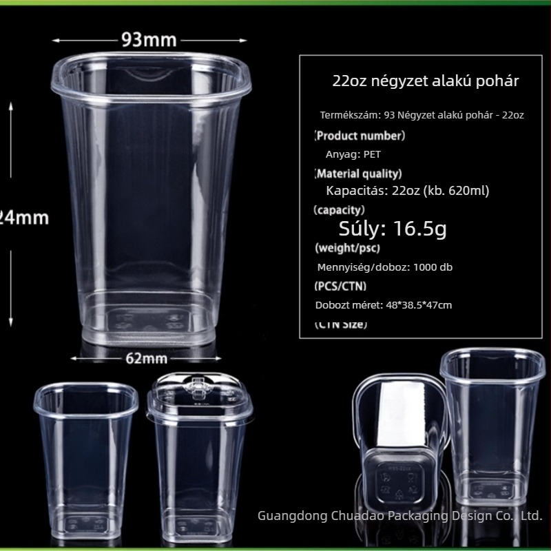Pet93 négyzet alakú egyszer használatos tejteás pohár, 10–24 oz