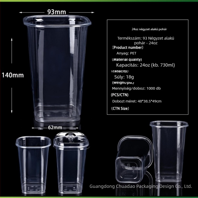 Pet93 négyzet alakú egyszer használatos tejteás pohár, 10–24 oz