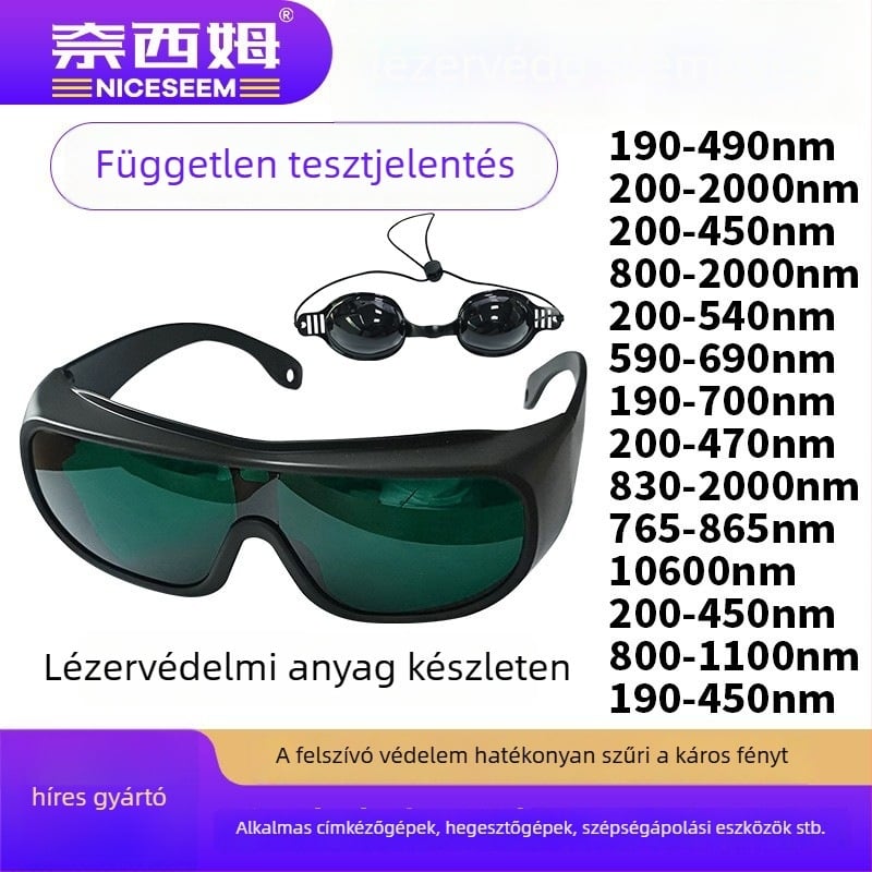 Védő szemüveg lézer- és fényvédelmi célokra, PC keret, 200–2000 nm tartomány, fényáteresztés 10–45%, GB30863/EN207