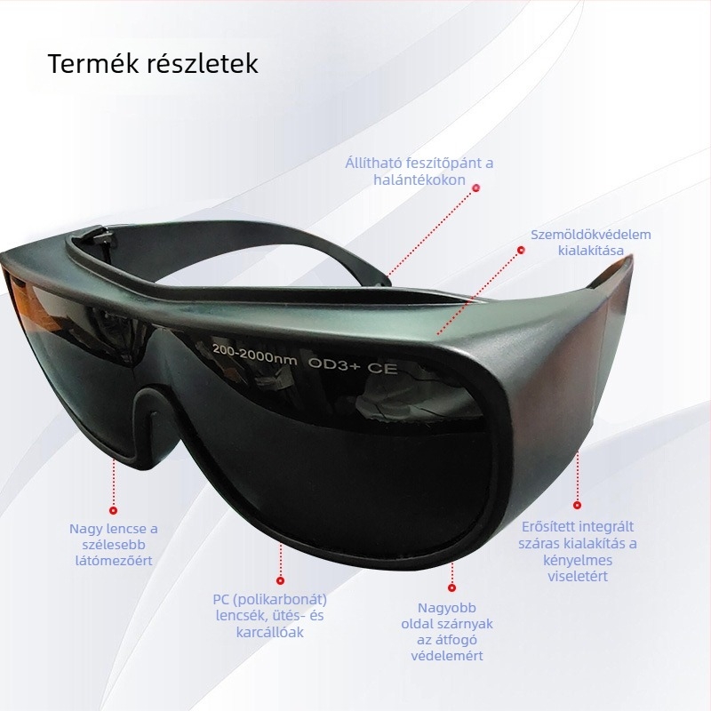 Védő szemüveg lézer- és fényvédelmi célokra, PC keret, 200–2000 nm tartomány, fényáteresztés 10–45%, GB30863/EN207