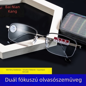 Bifokális olvasó szemüveg kékfény elleni védelemmel, távoli és közeli látáshoz, lencsék műgyantából, félkeretes fém kialakítású.