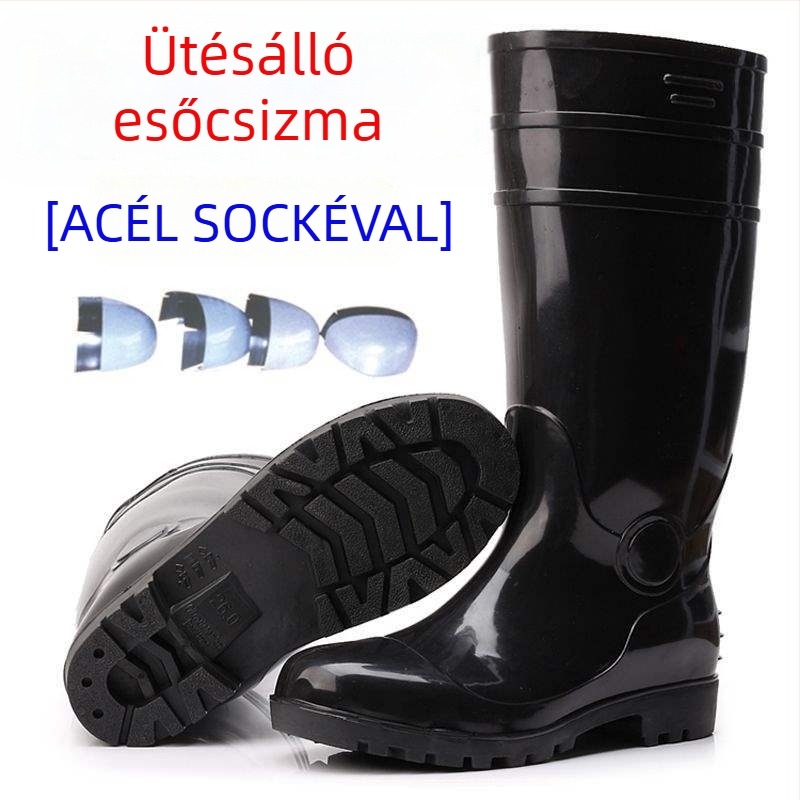 Férfi acélorrú esőcsizma, magas szárú, PVC felsőrész, vízálló és csúszásmentes