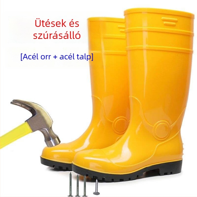Férfi acélorrú esőcsizma, magas szárú, PVC felsőrész, vízálló és csúszásmentes