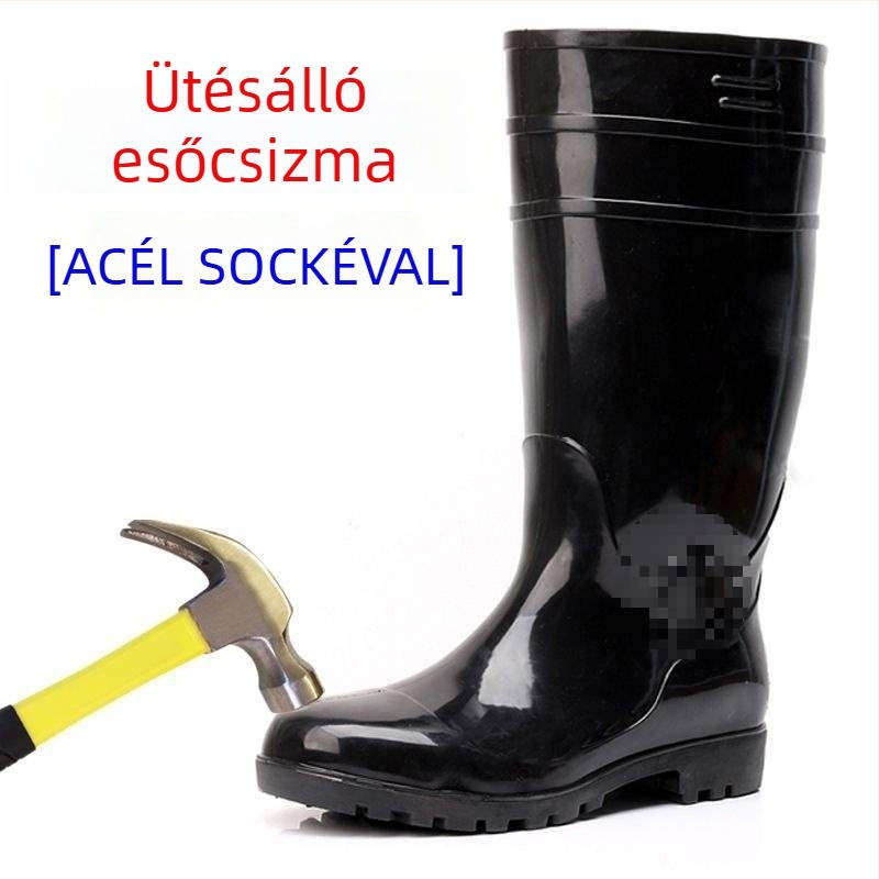 Férfi acélorrú esőcsizma, magas szárú, PVC felsőrész, vízálló és csúszásmentes