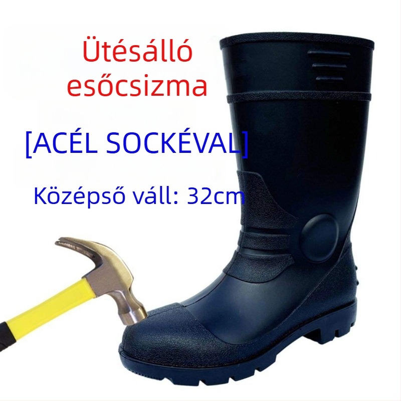 Férfi acélorrú esőcsizma, magas szárú, PVC felsőrész, vízálló és csúszásmentes