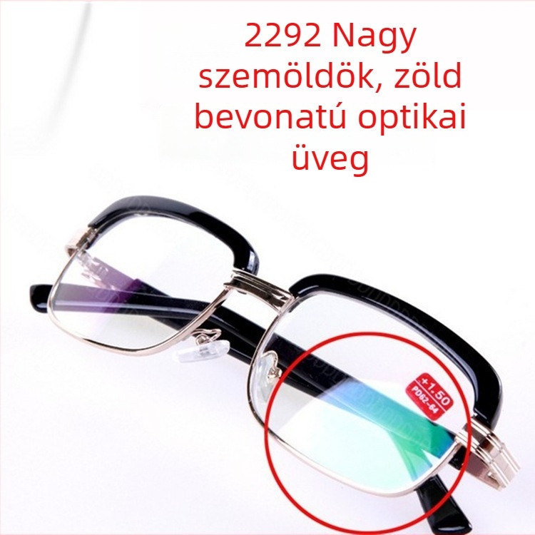 Presbiopiás olvasó szemüveg üveggel, anti-kékfény, anti-radiáció, aszferikus lencsék, teljes fém keret, modell 2292