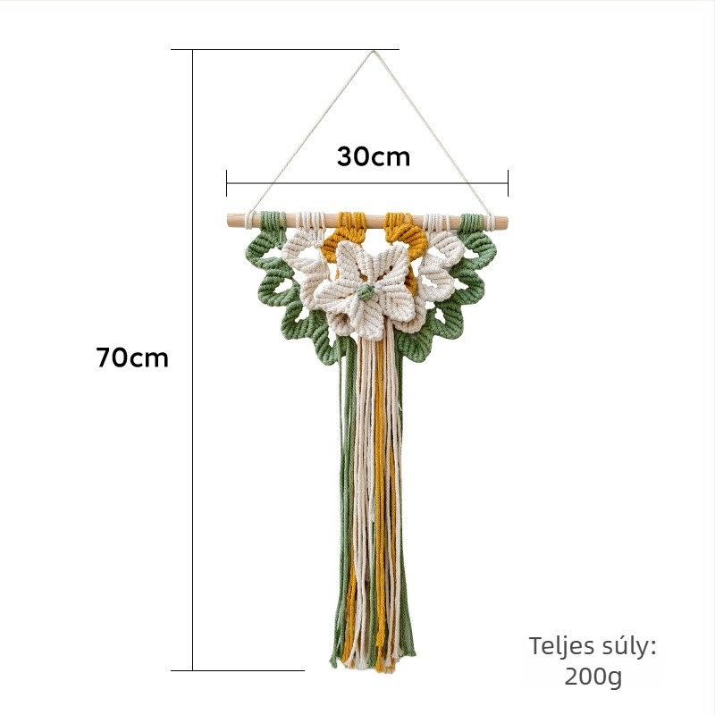 Kézzel készített pamutszálból szőtt falikép virág- és levél motívumokkal, nordic boho stílusban, téglalap alakú falidísz hálószobába és nappaliba