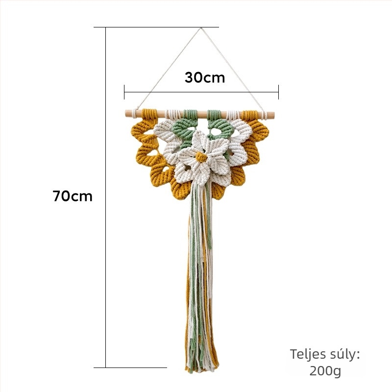 Kézzel készített pamutszálból szőtt falikép virág- és levél motívumokkal, nordic boho stílusban, téglalap alakú falidísz hálószobába és nappaliba