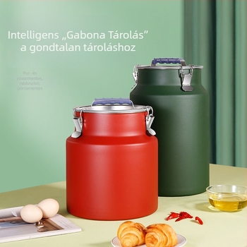 Rozsdamentes acél gabonatároló tartály, rovar- és nedvességbiztos, lezárható, élelmiszer-minőség, kapacitás 4–5 L.