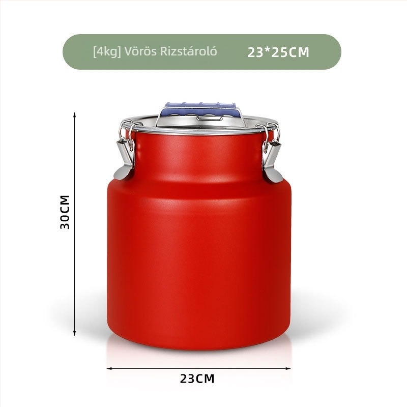 Rozsdamentes acél gabonatároló tartály, rovar- és nedvességbiztos, lezárható, élelmiszer-minőség, kapacitás 4–5 L.