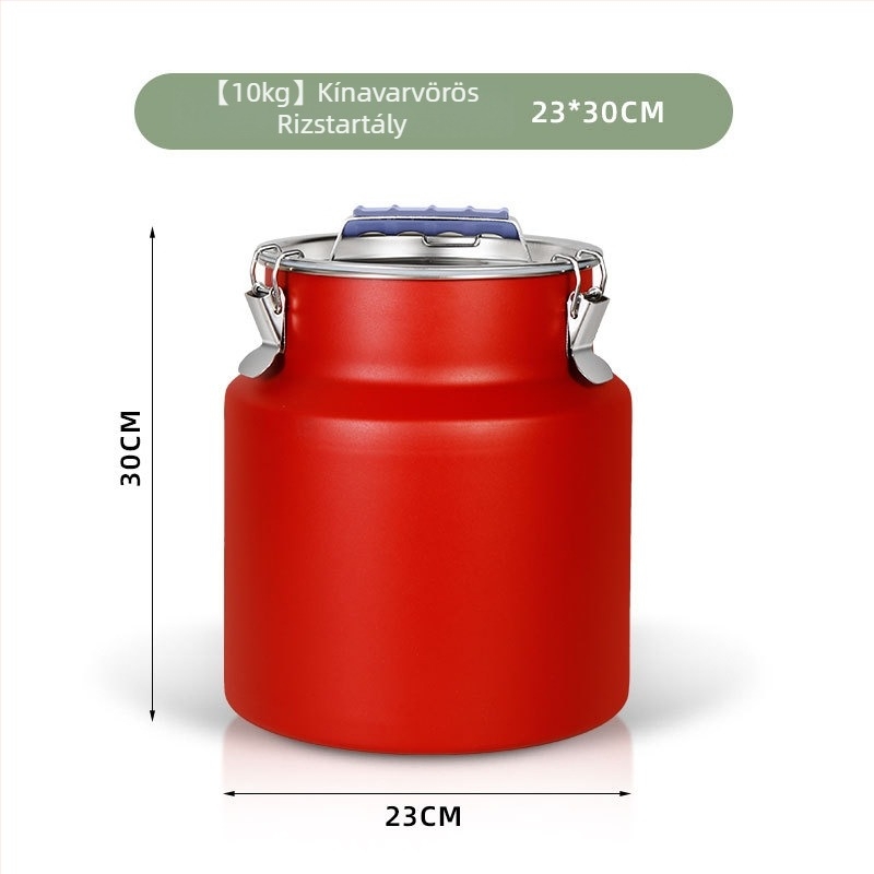 Rozsdamentes acél gabonatároló tartály, rovar- és nedvességbiztos, lezárható, élelmiszer-minőség, kapacitás 4–5 L.