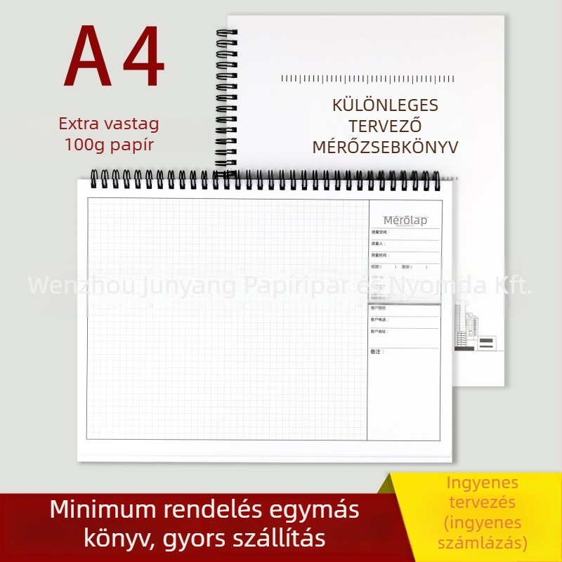 Designer mérőfüzet belsőépítéshez, spirálkötésű, keményfedél, dupla offset papír 100 g, 50–100 oldal
