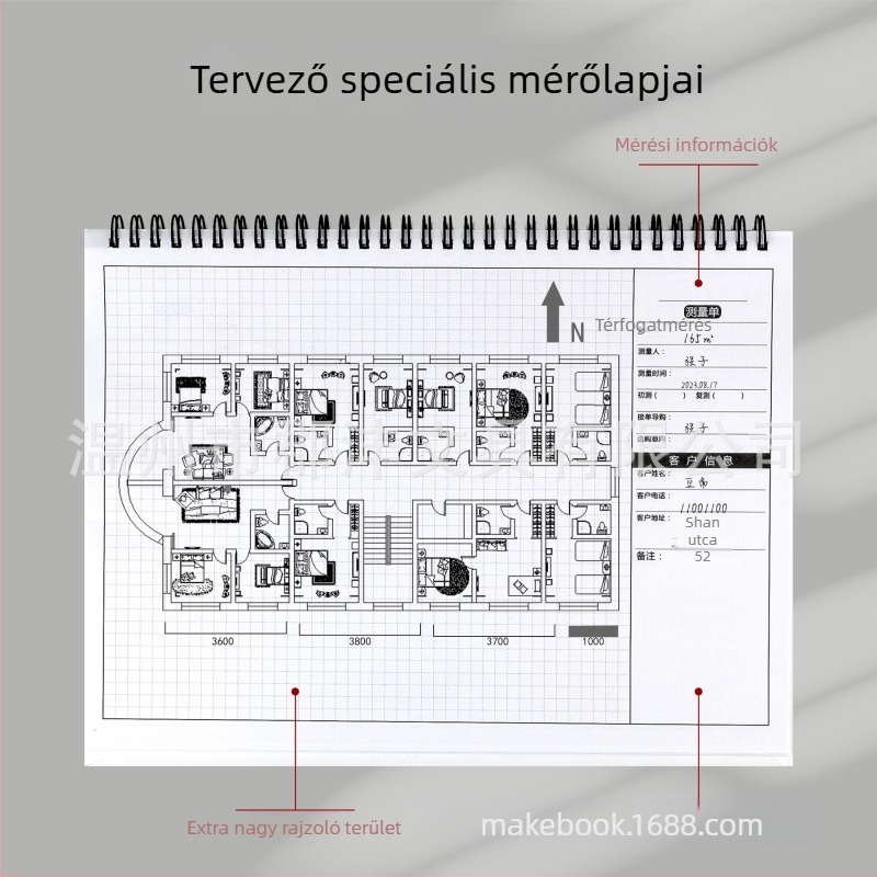 Designer mérőfüzet belsőépítéshez, spirálkötésű, keményfedél, dupla offset papír 100 g, 50–100 oldal