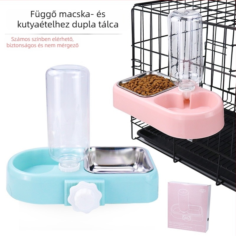 Pet Baihui Függő Kettős Tál Cicáknak és Kutyáknak – Automatikus Vízadagoló és Etetőtál, Műanyag