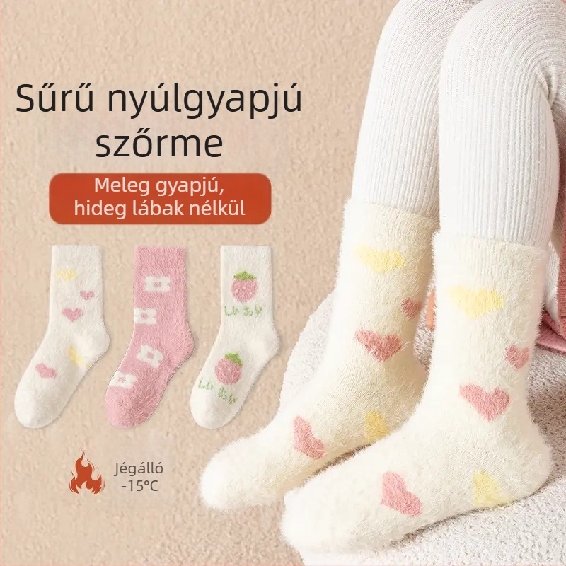 Gyerekek téli zoknik Strawberry Mink Fleece-sel — Akril anyagú, vastag, rajzfilm mintás, 3–8 éveseknek