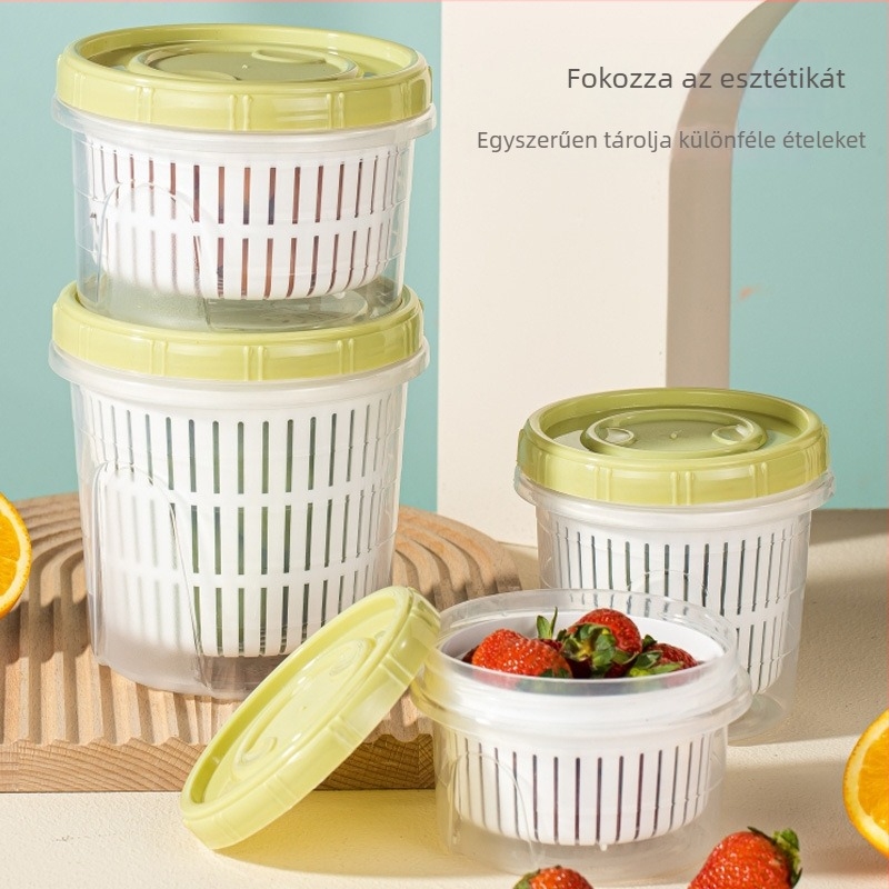 Műanyag kerek frissesség-tároló doboz leeresztő rendszerrel, gyümölcsök, fokhagyma és gyömbér szeletekhez, 800–1000 ml