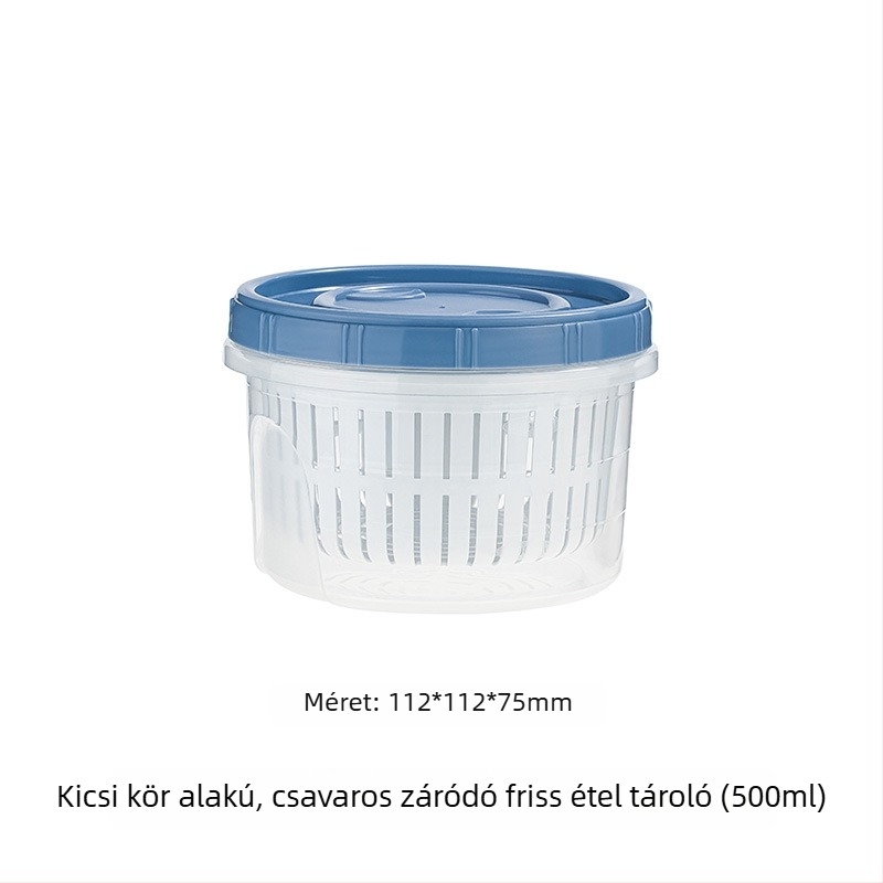 Műanyag kerek frissesség-tároló doboz leeresztő rendszerrel, gyümölcsök, fokhagyma és gyömbér szeletekhez, 800–1000 ml
