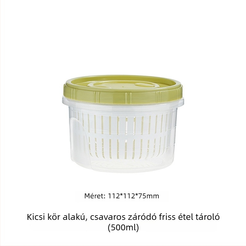 Műanyag kerek frissesség-tároló doboz leeresztő rendszerrel, gyümölcsök, fokhagyma és gyömbér szeletekhez, 800–1000 ml