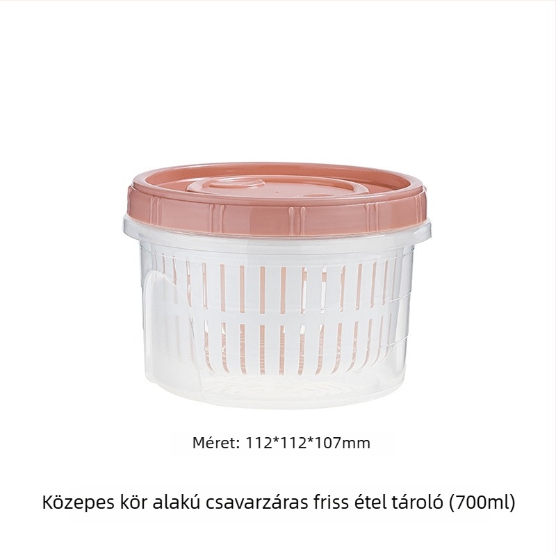 Műanyag kerek frissesség-tároló doboz leeresztő rendszerrel, gyümölcsök, fokhagyma és gyömbér szeletekhez, 800–1000 ml