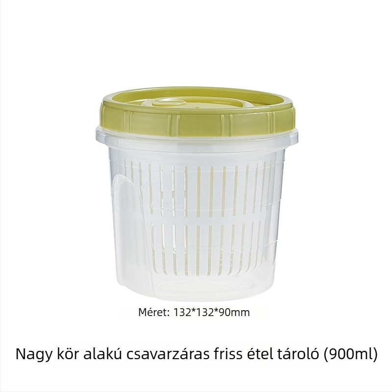 Műanyag kerek frissesség-tároló doboz leeresztő rendszerrel, gyümölcsök, fokhagyma és gyömbér szeletekhez, 800–1000 ml