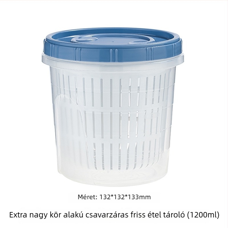 Műanyag kerek frissesség-tároló doboz leeresztő rendszerrel, gyümölcsök, fokhagyma és gyömbér szeletekhez, 800–1000 ml