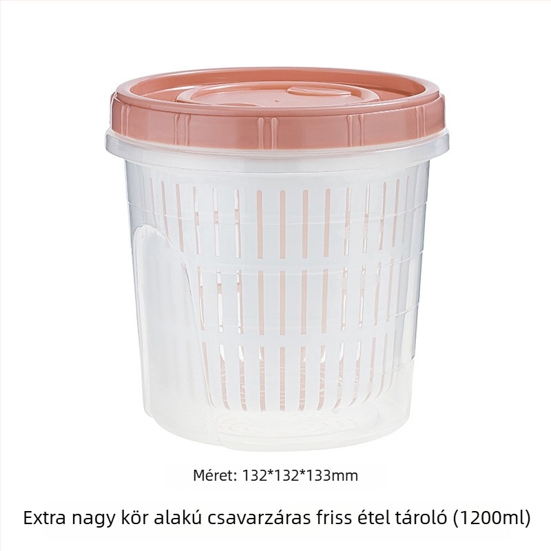 Műanyag kerek frissesség-tároló doboz leeresztő rendszerrel, gyümölcsök, fokhagyma és gyömbér szeletekhez, 800–1000 ml