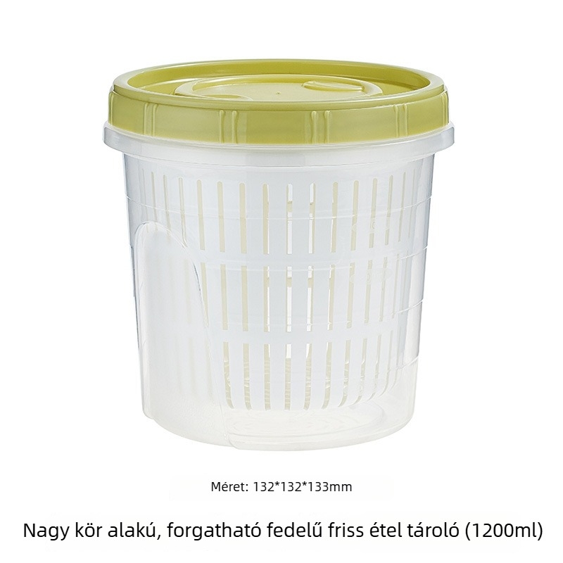 Műanyag kerek frissesség-tároló doboz leeresztő rendszerrel, gyümölcsök, fokhagyma és gyömbér szeletekhez, 800–1000 ml