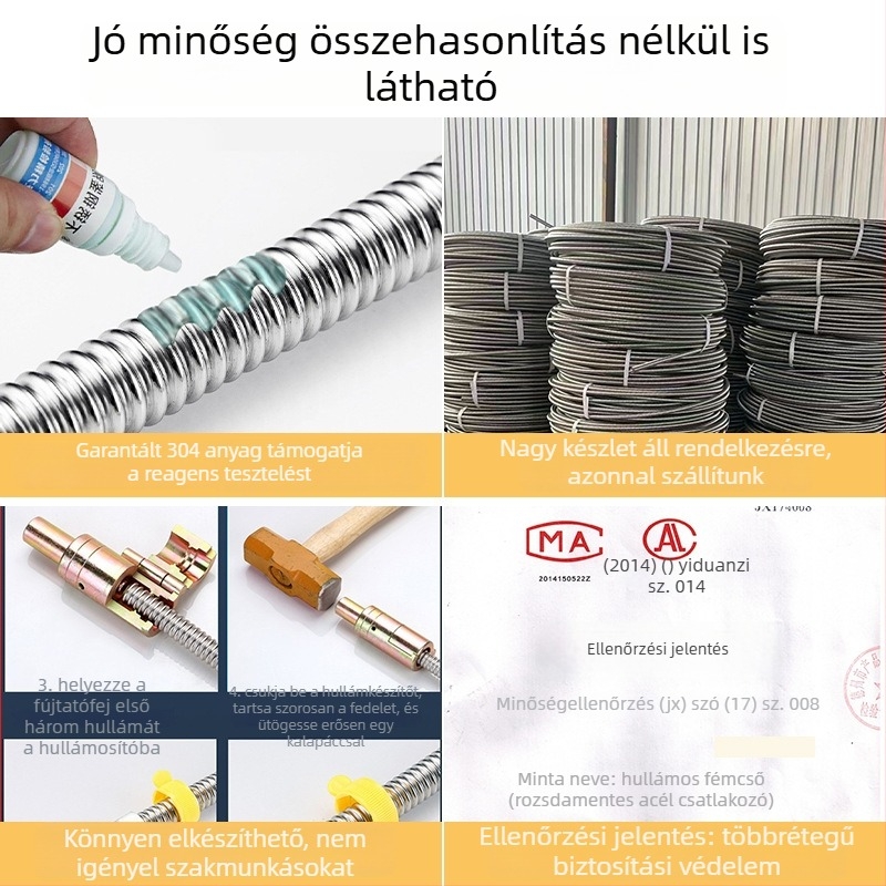 304 rozsdamentes acél hajlított cső bojlerhez, vastagított fém hajlékony tömlő, fagyálló, méretek 1/2 és 3/4 hüvelyk
