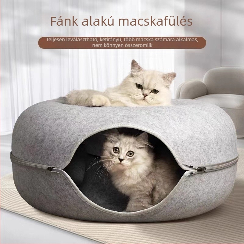 Filcből készült macskafészek fánk alakú alagúttal, meleg menedék macskáknak