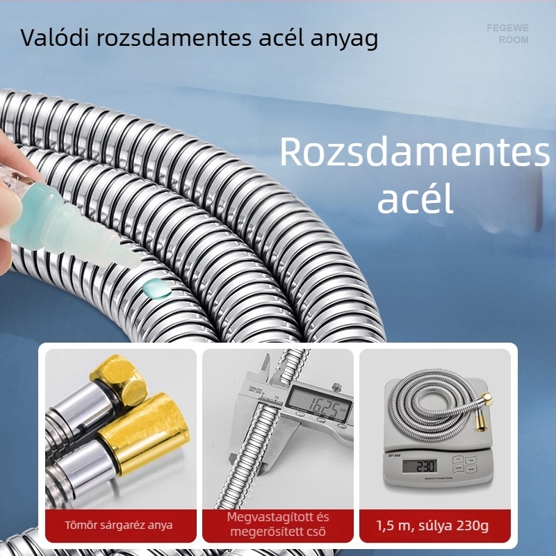 Nagy áramlású zuhanycső, 1,5–2 m, rozsdamentes acél/ réz, robosztus fúvófej, dupla csatolású cső
