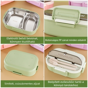 Rozsdamentes acél osztott ebédes doboz, szigetelt, mikróban használható, 800–1000 ml