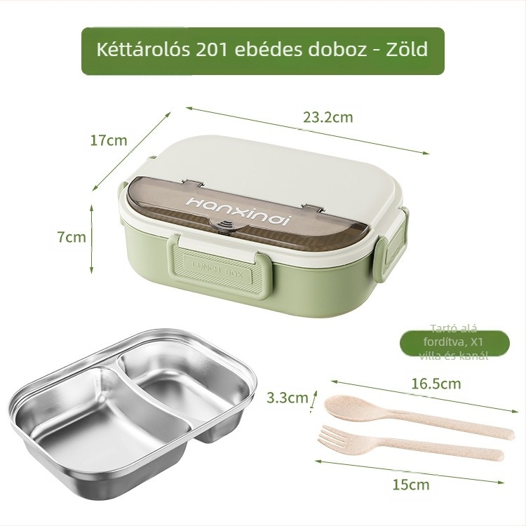 Rozsdamentes acél osztott ebédes doboz, szigetelt, mikróban használható, 800–1000 ml