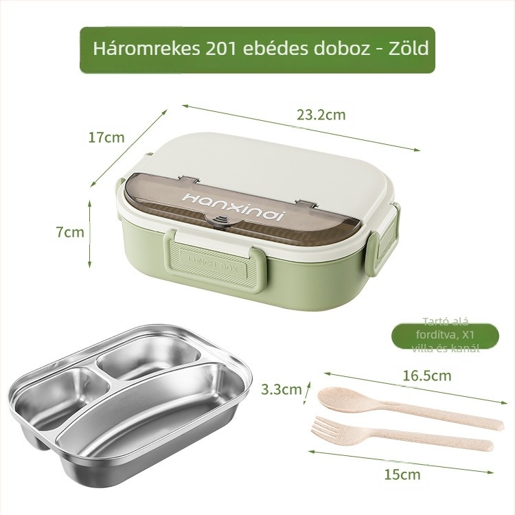 Rozsdamentes acél osztott ebédes doboz, szigetelt, mikróban használható, 800–1000 ml