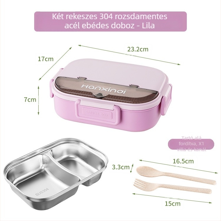 Rozsdamentes acél osztott ebédes doboz, szigetelt, mikróban használható, 800–1000 ml