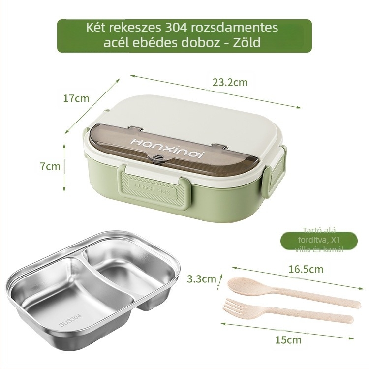 Rozsdamentes acél osztott ebédes doboz, szigetelt, mikróban használható, 800–1000 ml