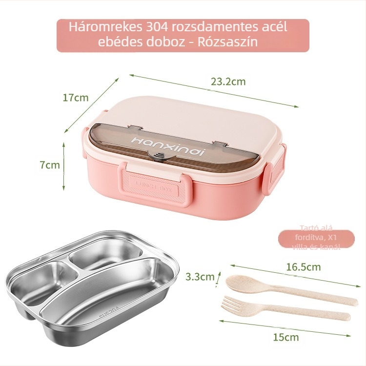 Rozsdamentes acél osztott ebédes doboz, szigetelt, mikróban használható, 800–1000 ml