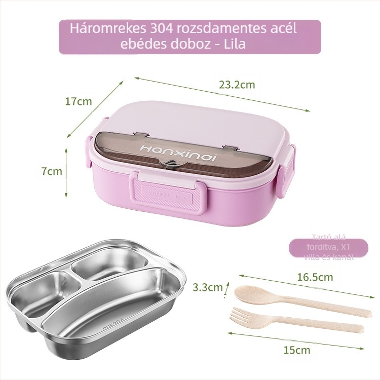 Rozsdamentes acél osztott ebédes doboz, szigetelt, mikróban használható, 800–1000 ml