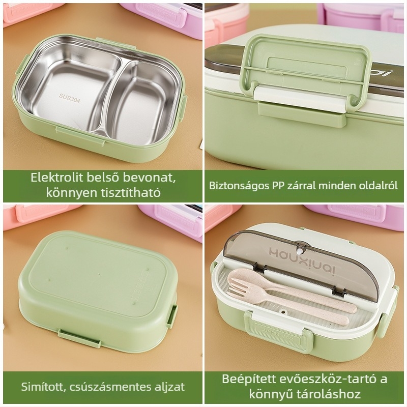 Rozsdamentes acél osztott ebédes doboz, szigetelt, mikróban használható, 800–1000 ml