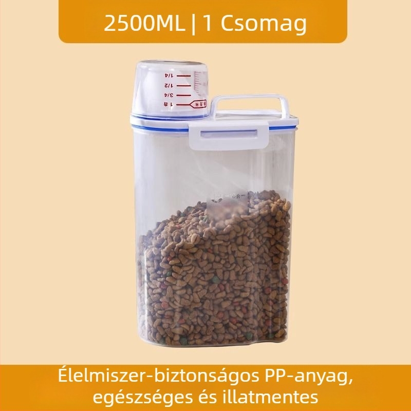 Zárt macska- és kutyaeledel tároló kanna mérőedénnyel, 2,5 L, nedvességálló, élelmiszer-minőségű PP