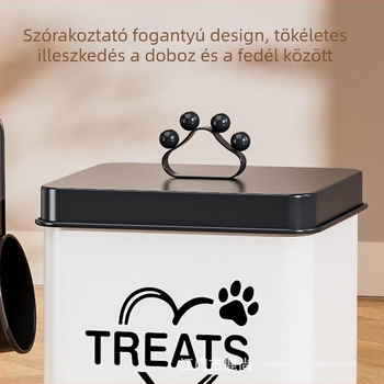 Négyszögletes vasból készült állateledel-tároló, lezárt, kanállal, kapacitás 4–6 L