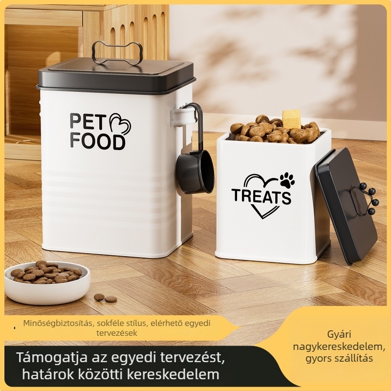 Négyszögletes vasból készült állateledel-tároló, lezárt, kanállal, kapacitás 4–6 L