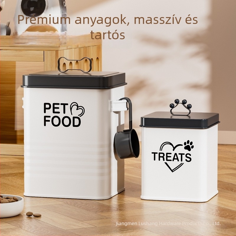 Négyszögletes vasból készült állateledel-tároló, lezárt, kanállal, kapacitás 4–6 L