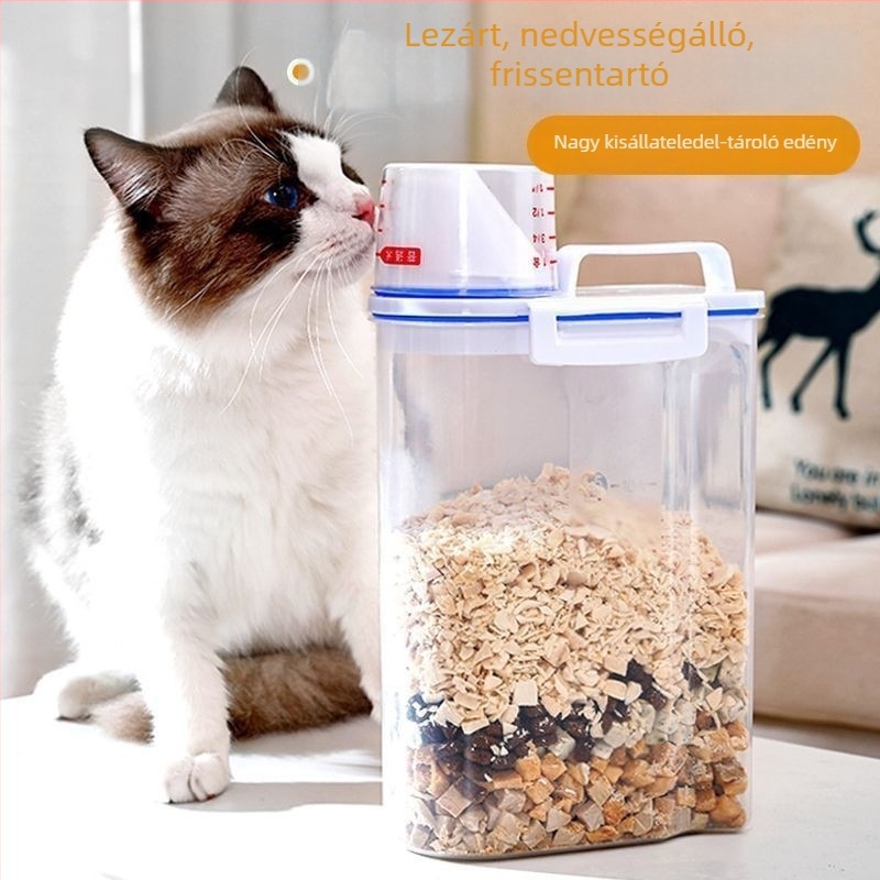 Élelmiszer-minőségű, légmentesen záródó tároló kutya- és macskatáp számára, nedvességálló műanyagból, 2 L kapacitás