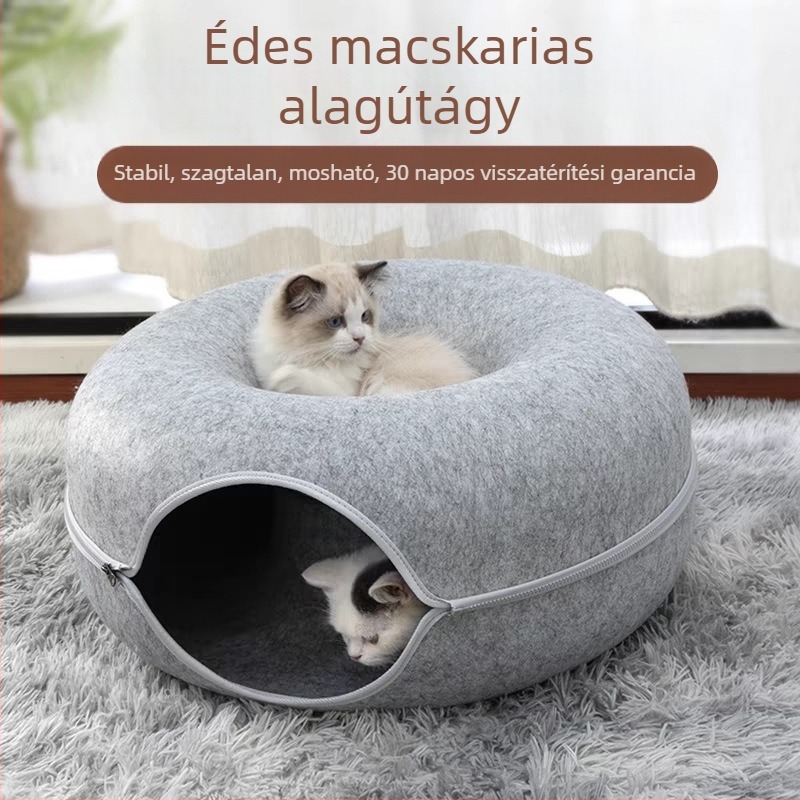 Felt macska fészek donut-alagúttal — minden évszakra alkalmas meleg menedék macskáknak