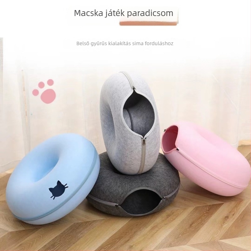 Felt macska fészek donut-alagúttal — minden évszakra alkalmas meleg menedék macskáknak