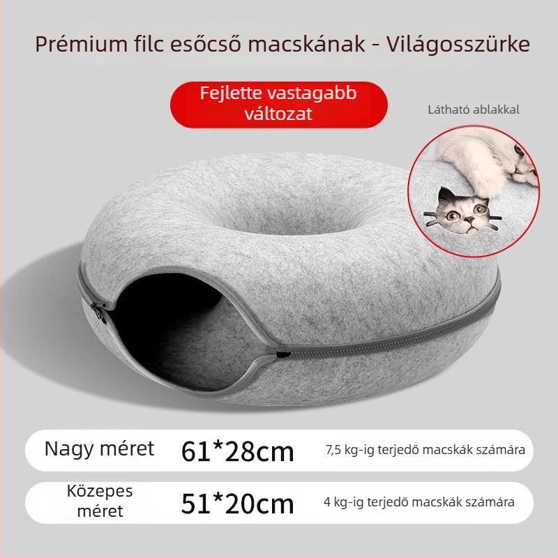 Felt macska fészek donut-alagúttal — minden évszakra alkalmas meleg menedék macskáknak