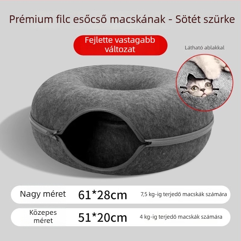 Felt macska fészek donut-alagúttal — minden évszakra alkalmas meleg menedék macskáknak