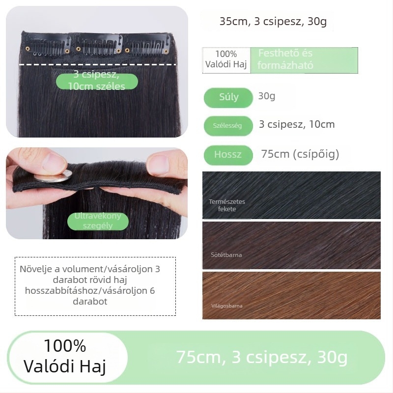 Valódi hajból készült toppers a korona területére, volumenpárnázattal, varrat nélküli, láthatatlan, hosszú hajhoz