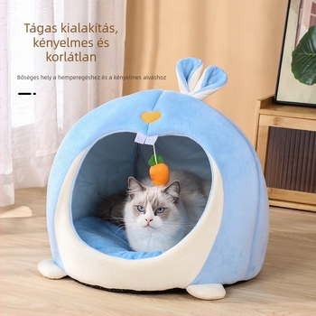Mind az évszakokhoz tervezett kisállatágy macskáknak és kutyáknak, félzárt macskaház, rövid plüssnyuszi-sorozat