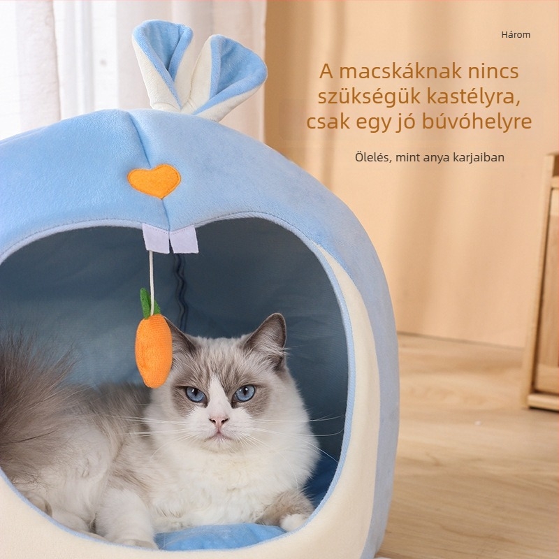Mind az évszakokhoz tervezett kisállatágy macskáknak és kutyáknak, félzárt macskaház, rövid plüssnyuszi-sorozat